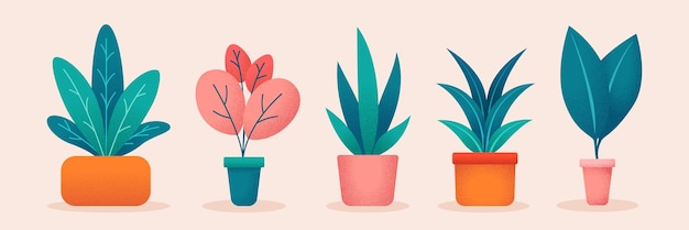 Vector illustration of cute plants set with grain effect