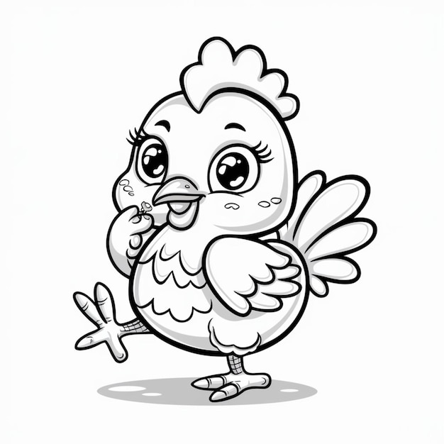 Illustration of a cute playful chicken in a coloring book