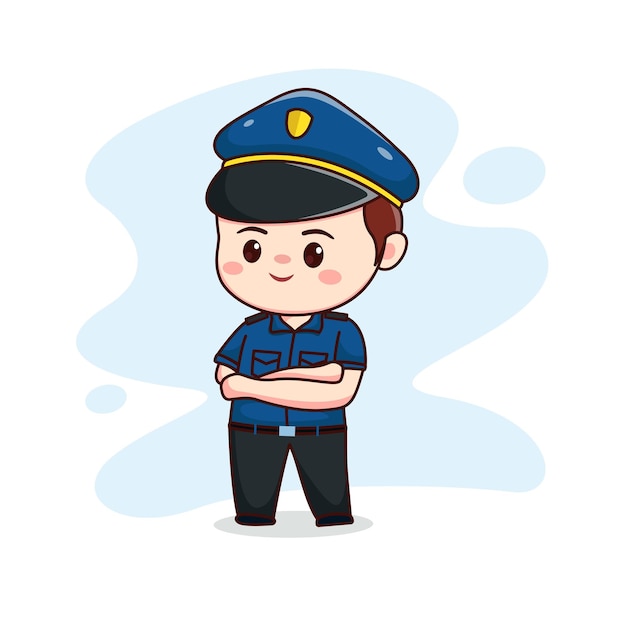 Illustration of cute policeman with crossed hands kawaii chibi cartoon character design