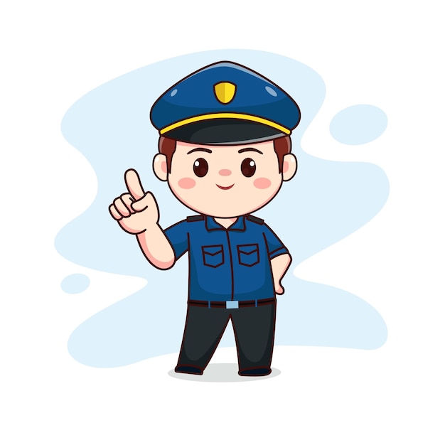 Illustration of cute policeman with pointing finger kawaii chibi cartoon character design