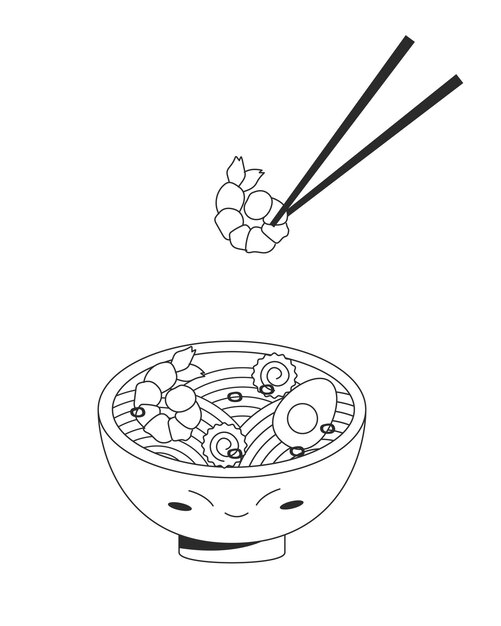 Illustration of cute ramen soup in bowl with shrimp in chopstick in outline style