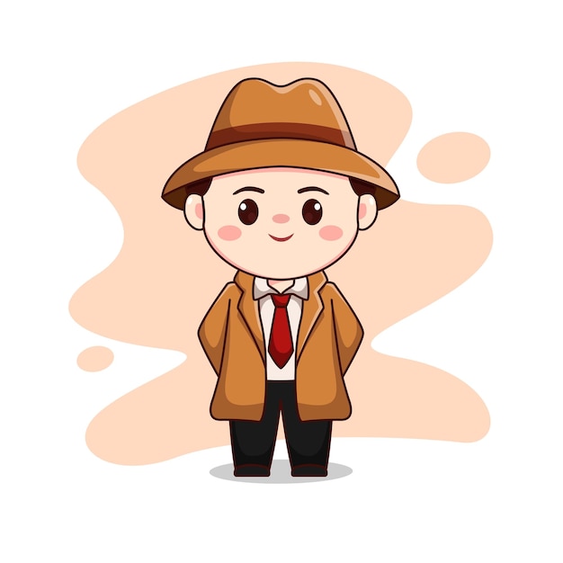 Illustration of cute running detective or man wearing brown suit chibi character