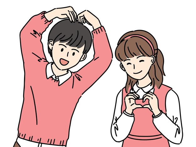 Illustration of a cute son and daughter making a heart with their hands simple pink color