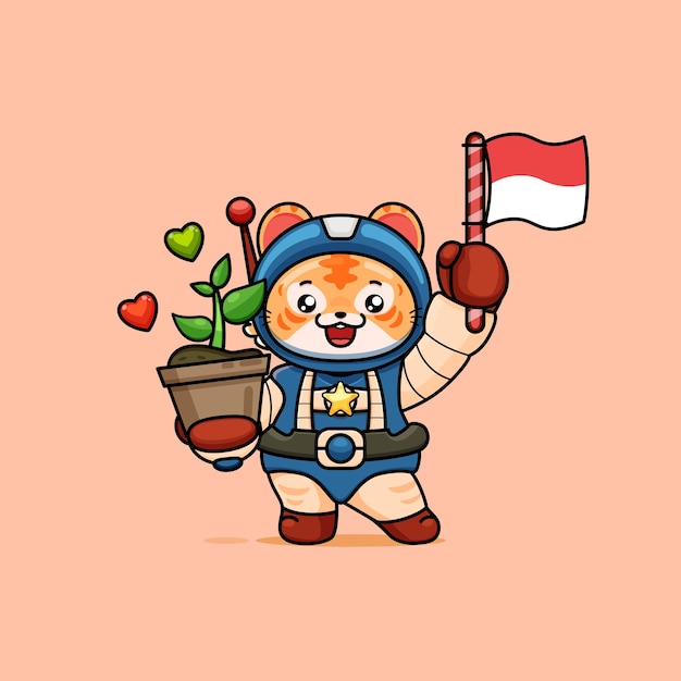 illustration of cute tiger holding little potted plant and Indonesia flag