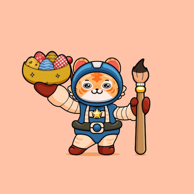 illustration of cute tiger holding paint brushes and egg in bucket