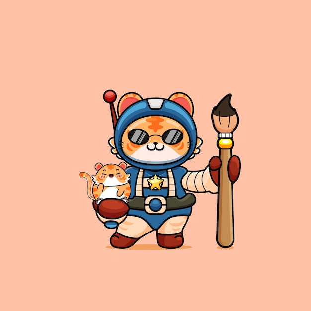 illustration of cute tiger holding paint brushes and little cute tiger on other hand