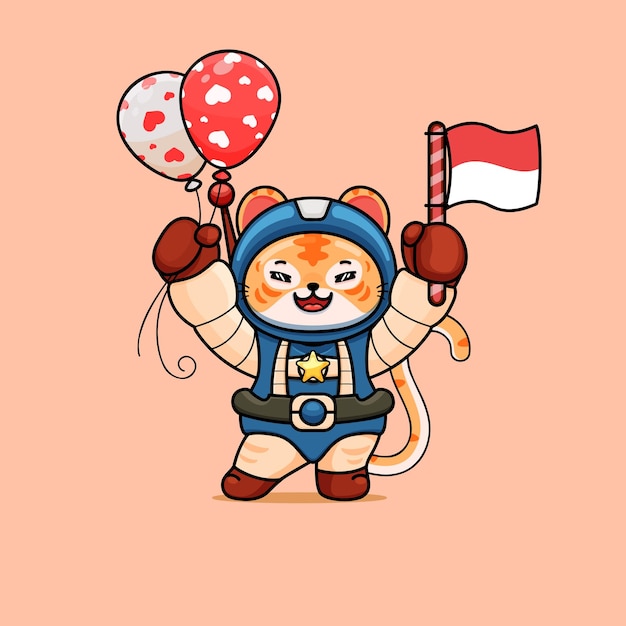 illustration of cute tiger holding red white love balloons and Indonesia flag