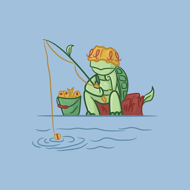 Illustration of a cute turtle fishing with a bucket full of fish from fishing