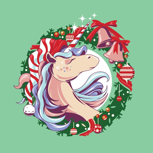 Illustration Cute Unicorn-Santa on Christmas wreath 