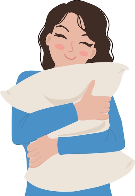 Illustration of cute young girl woman long hair hug pillow closed eyes vector