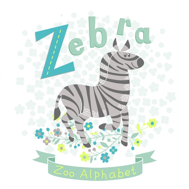 Illustration of a cute zebra in cartoon style. Letter Z