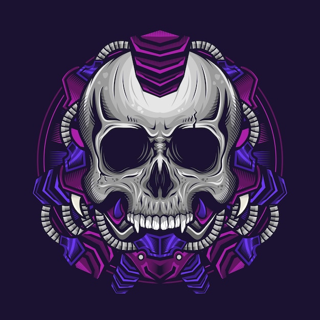 Illustration of cyborg punk skull head detailed design