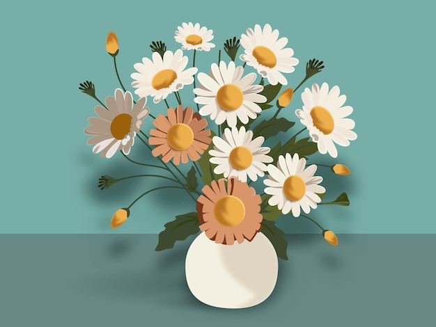 Illustration of Daisies Plant Pot On Pastel Turquoise Background