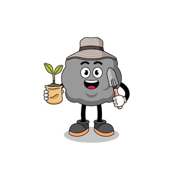 Illustration of dark cloud cartoon holding a plant seed