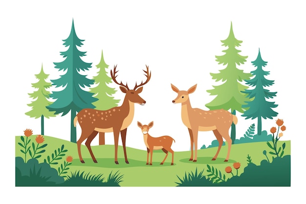 Illustration of a deer family in a forest with lush greenery and pine trees