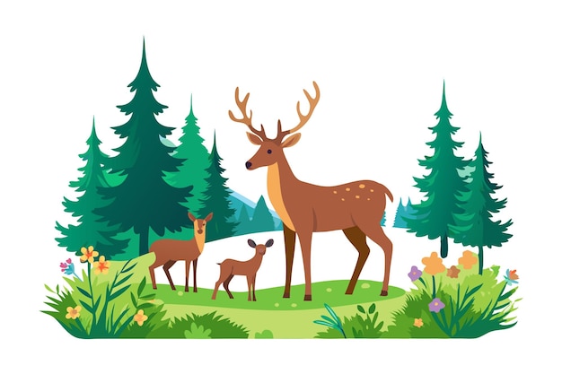 Illustration of deer family in lush forest with vibrant flowers and pine trees