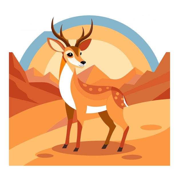 Illustration of a deer standing in a vibrant desert landscape with mountains and sun