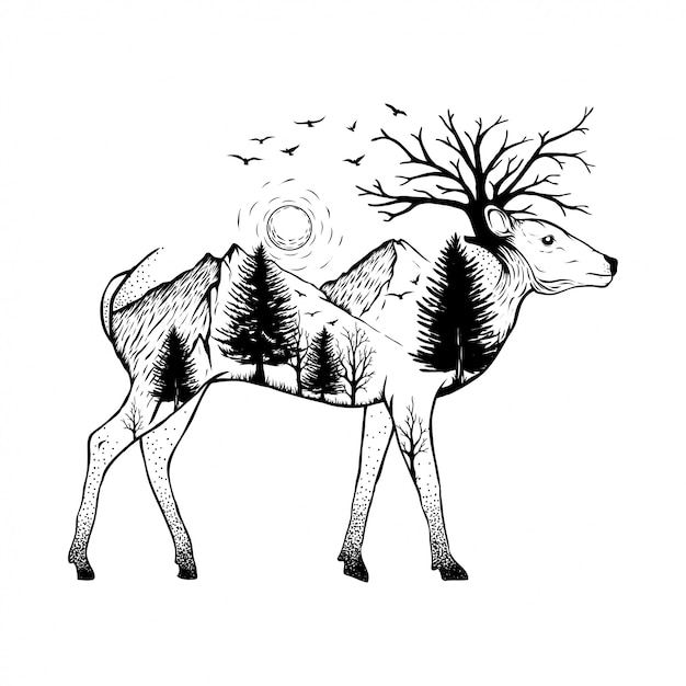 illustration of a deer with forest  background