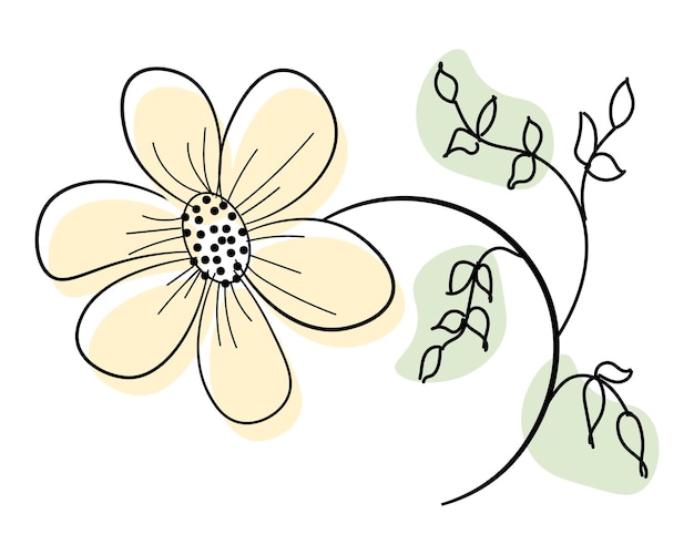 illustration delicate drawn contour flower and abstract spots on a white background