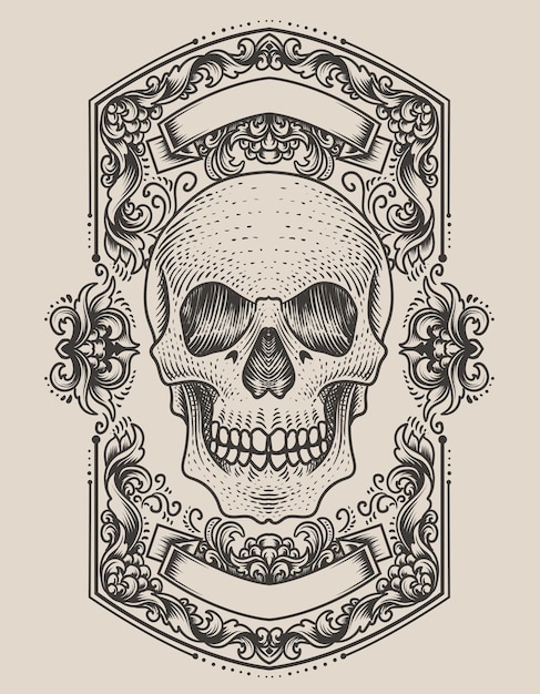 Illustration demon skull head with antique engraving ornament