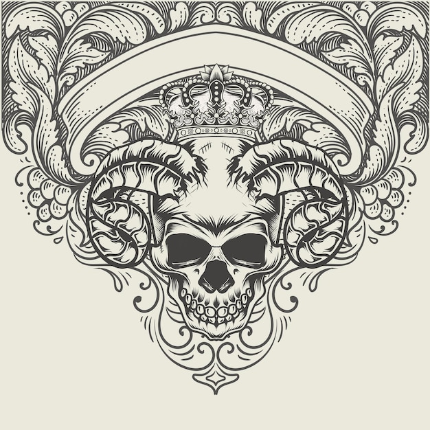 Illustration demon skull head with antique engraving ornament