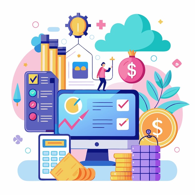 Illustration depicting business finance and accounting concepts featuring charts calculators