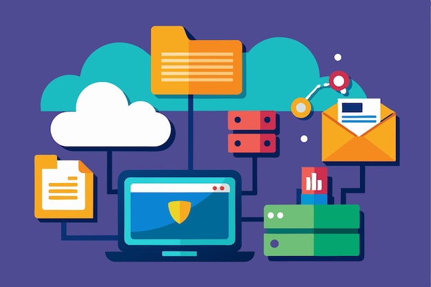 Vector illustration depicting computer and cloud storage icons with folders files and communication elements connected folder icon set with computer and cloud