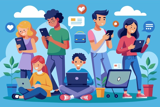 An illustration depicting a diverse group of people using digital devices such as smartphones tablets and laptops