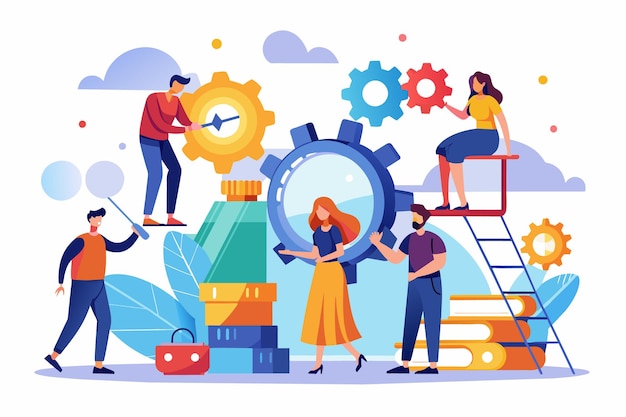 An illustration depicting a diverse team working together on a project symbolized by gears books and tools