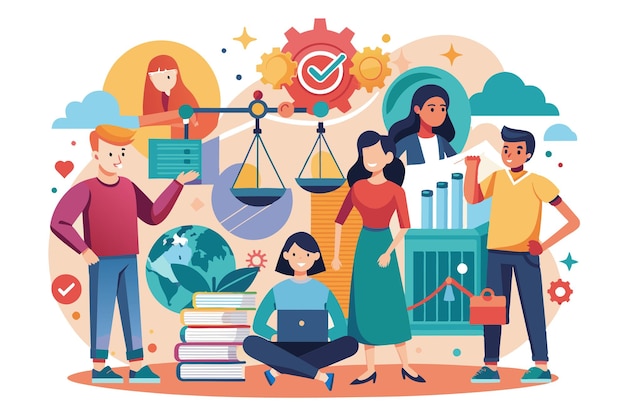 An illustration depicting a group of diverse individuals working together to create and implement social ideas Social ideas Customizable Disproportionate Illustration