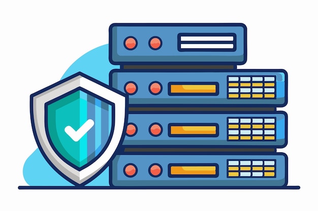 Vector illustration depicting a secure server with customizable features and a protective shield secure server customizable semi flat illustration