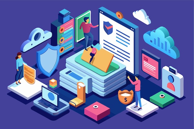 An illustration depicting various elements related to customizable privacy policies emphasizing digital security Privacy policy Customizable Isometric Illustration