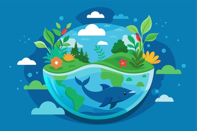 An illustration depicting World Oceans Day featuring a dolphin swimming in a globe with land and sea elements World oceans day Customizable Semi Flat Illustration