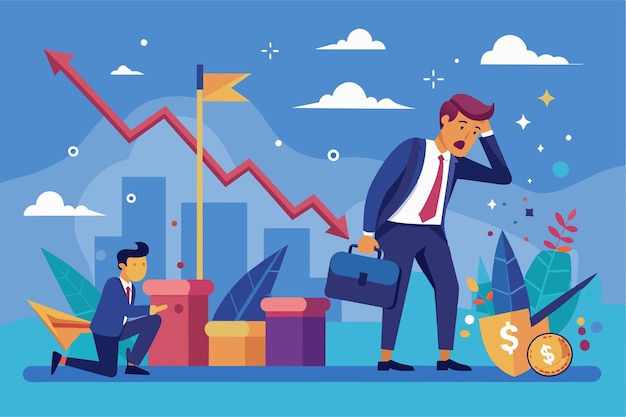 Vector an illustration depicts entrepreneurs facing business challenges with downward graphs financial stress and elements of economic decline in a city environment