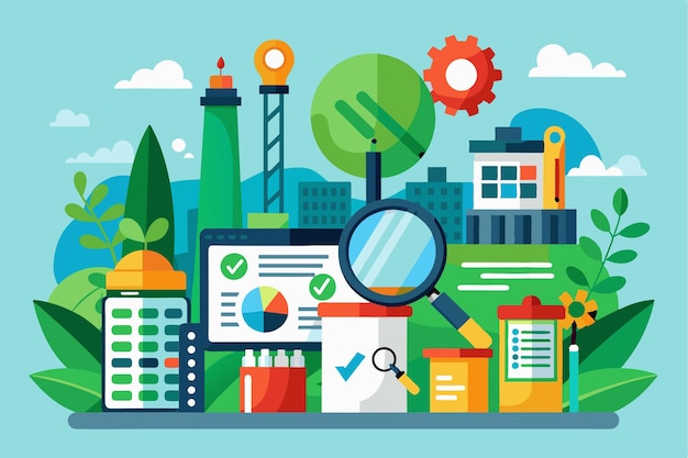 The illustration depicts tools and graphs used for conducting a comprehensive environmental audit Environmental audit Customizable Flat Illustration