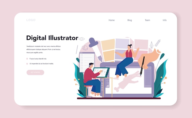 Illustration designer web banner or landing page. Artist drawing picture for book and magazines, digital illustration for web sites and advertising. Creative profession. Flat vector illustration