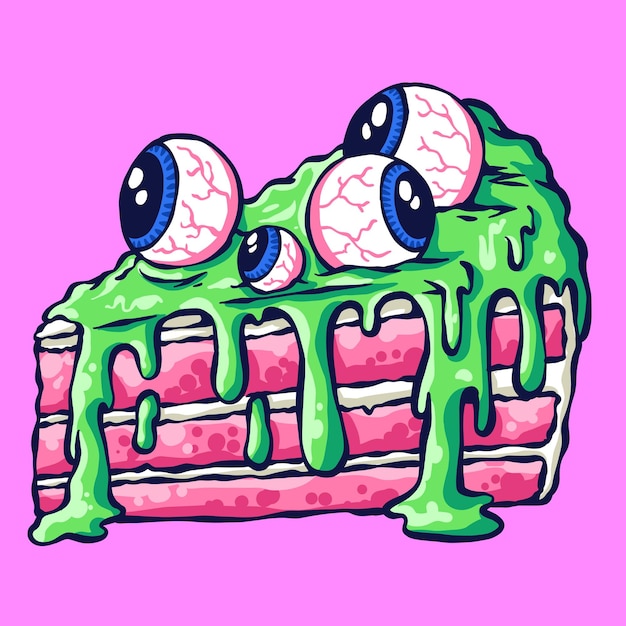 Illustration of a dessert monster with scary eyeballs in a psychedelic and melting style