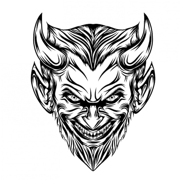 Illustration of devil head with long beard and scare smile