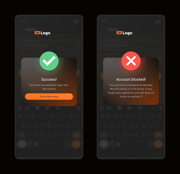 Illustration of a dialog box for a mobile app with successful and unsuccessful actions orange blac