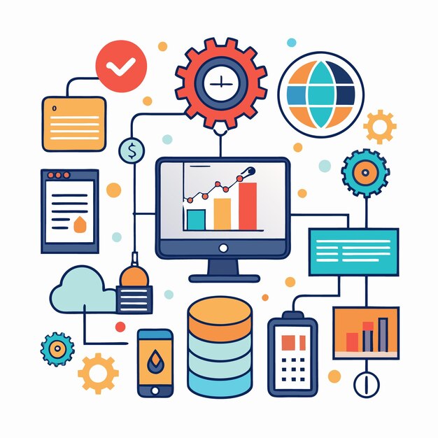 Vector illustration of a digital business with icons representing data analysis cloud and devices