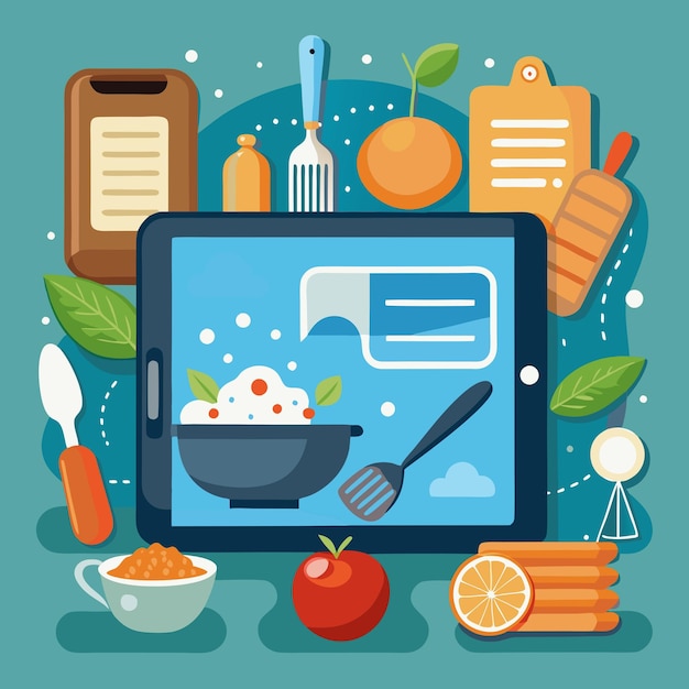 Vector illustration of a digital recipe book that displays interactive recipes on a tablet