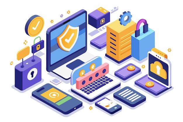 The illustration displays digital security tools for customizable twofactor authentication in a modern context Two factor authentication Customizable Isometric Illustration