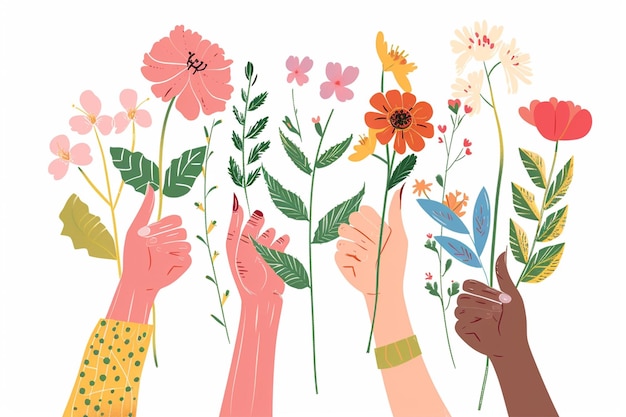 Illustration of Diverse Hands with Flowers