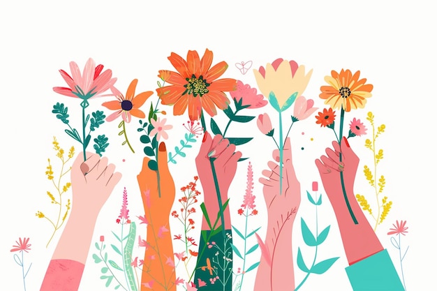 Illustration of Diverse Hands with Flowers