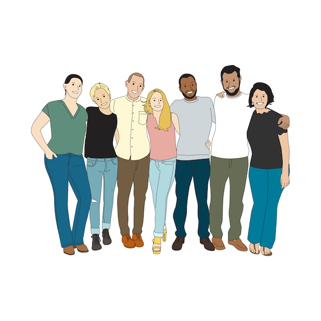 Vector illustration of diverse people arms around each other