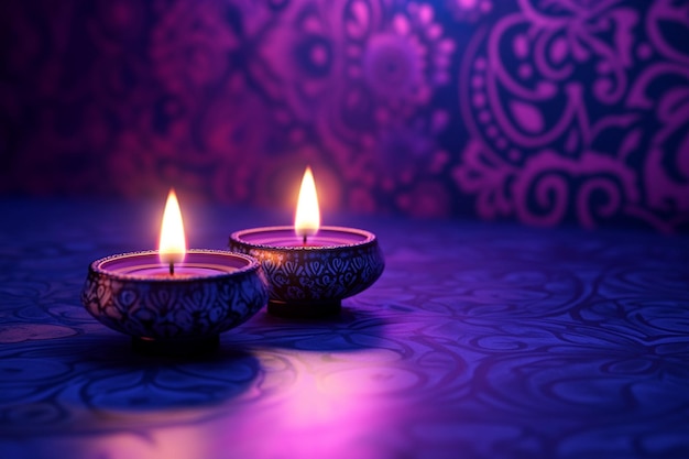 Vector illustration of diwali scene with diyas lamp being lit creating a warm festive glow