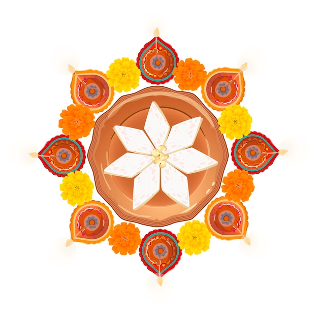 illustration of diya and marigold flowers with Kaju katli Indian sweet for light festival of India