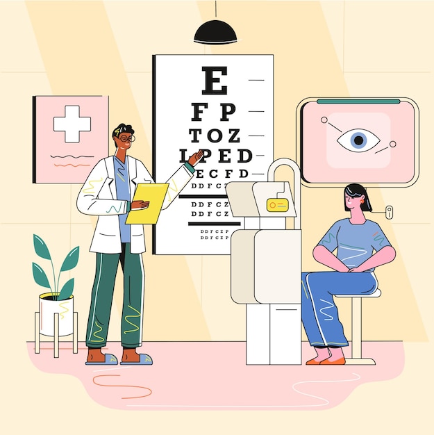 An illustration of a doctor and a woman with eye chart