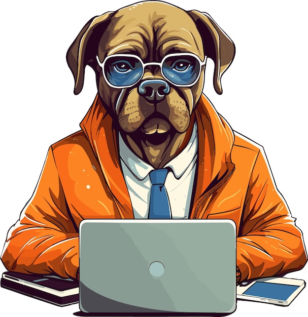 Illustration of a dog in a suit and tie with a laptop