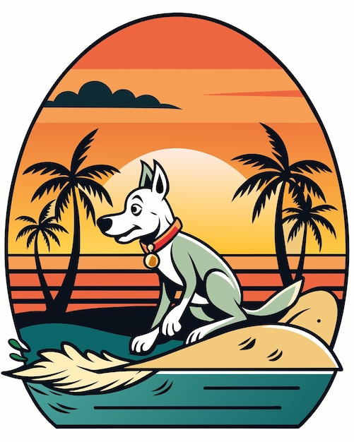 Vector illustration of a dog surfer riding a surfboard with palm trees on the background